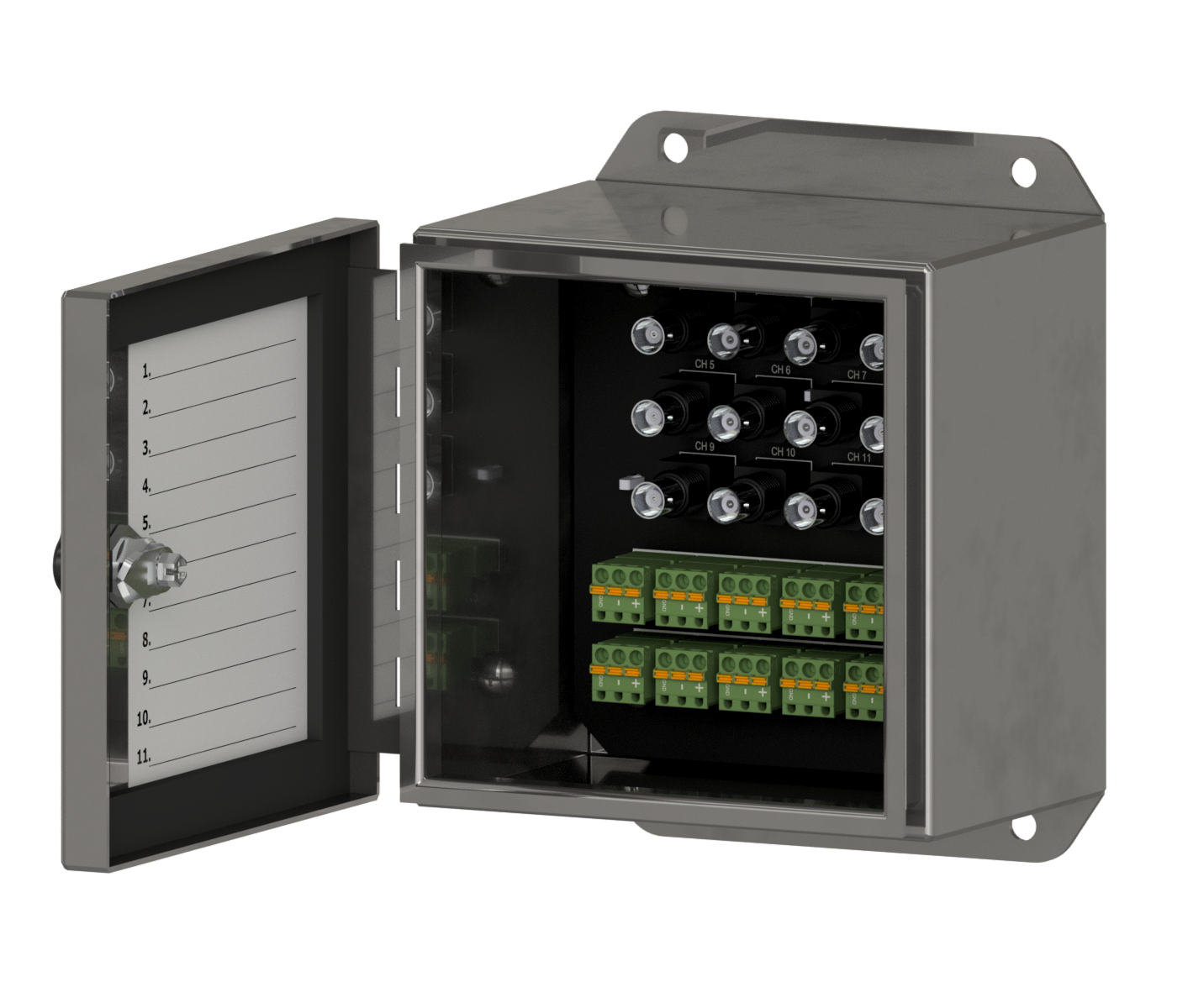 A render of CTC's MX200 Series stainless steel MAXX Box BNC enclosure.