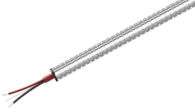 CTC's CB290 with outer stainless steel armor jacketed and red inner cable jacket, and red and black conductor wires exposed on one end