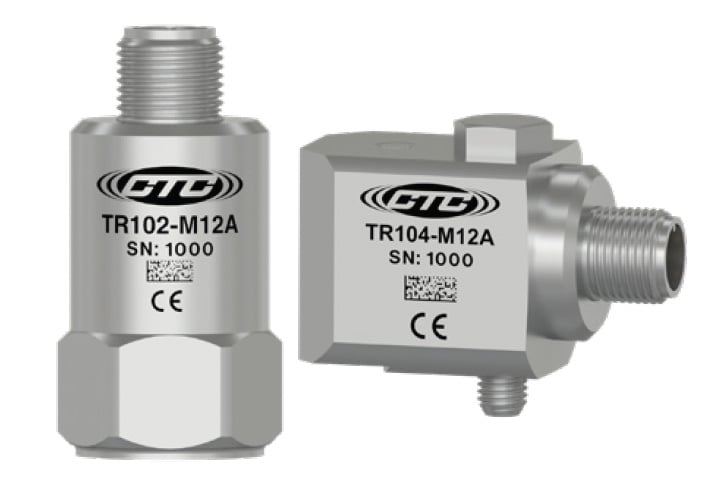 TR102-M12A Standard Size, M12 top exit connector, dual output sensor next to TR104-M12A standard size, M12 side exit, dual output connector sensor