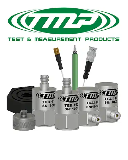 Green TMP logo with Text &amp; Measurement tagline, shown above a collage of TMP top and side exit sensors and mounting hardware.