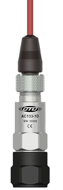 A render of a CTC AC133-1D accelerometer on an MH170-1A mounting pad, with an A2R connector on a CB102 red cable.