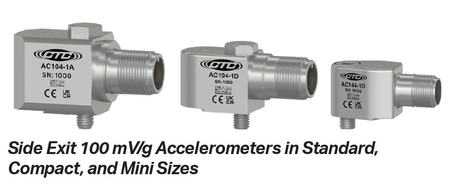 Renders showing the size difference between Standard, Compact, and Mini size side exit accelerometers