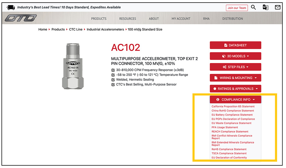 A screenshot of an AC102 sensor product page with the Compliance Info documents highlighted