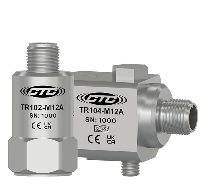 A standard size m12 top exit TR102-M12A dual output sensor next to a standard size, M12 side exit TR104-M12A dual output sensor.