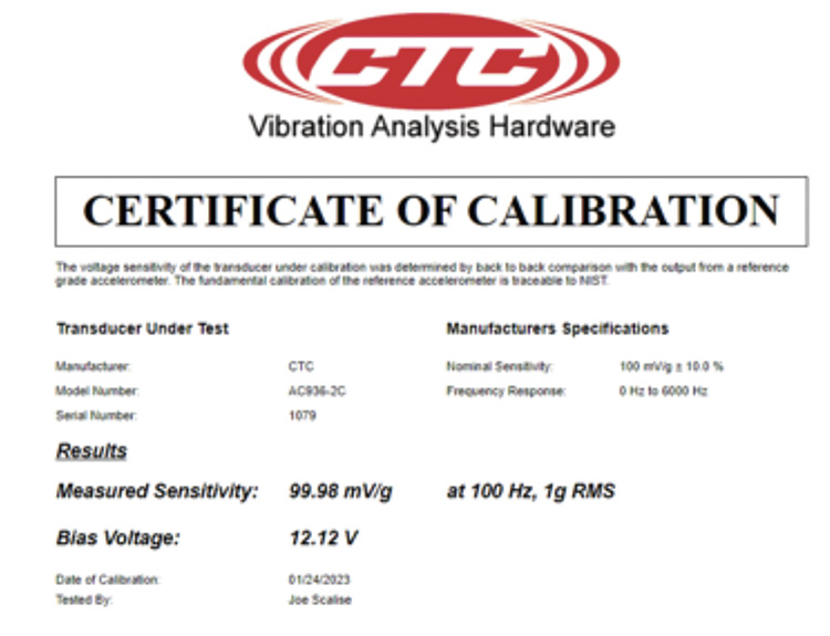Certificate showing calibration information for a sensor, with CTC Line logo at the top