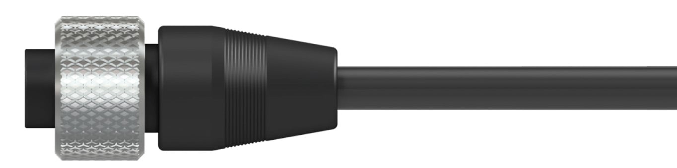 side of of A2N nylon molded black connector with stainless steel knurled locking ring, on a black cable