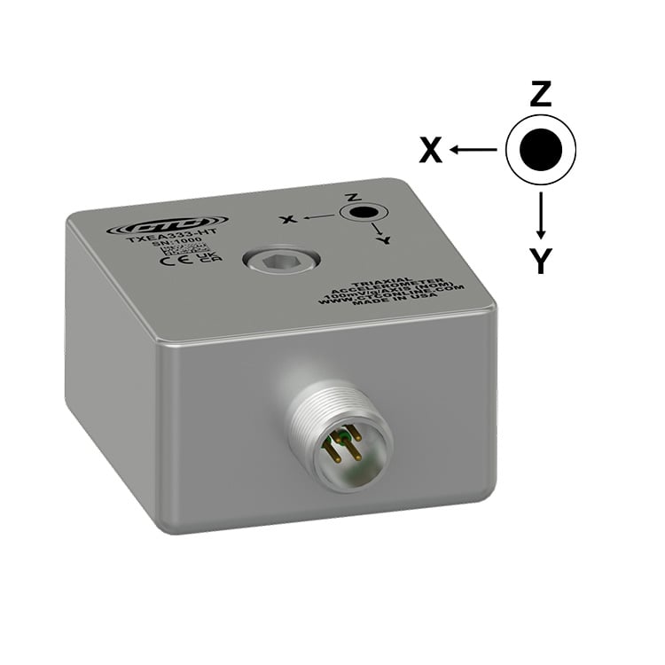 CTC TXEA333-HT stainless steel triaxial high temperature vibration sensor with side exit connector, and a diagram depicting the cartesian coordinate phase configuration of Z axis, X axis, and Y axis