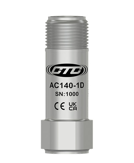 A stainless steel, top exit miniature sized AC140-1D Condition Monitoring Sensors with CE and UKCA certification engravings
