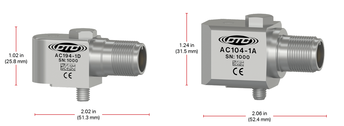 A compact side exit accelerometer with 1.02 in. height next to a standard side exit accelerometer with 1.24 in. height
