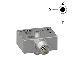 A render of a CTC TREA331 side exit miniature triaxial accelerometer and cartesian coordinates.