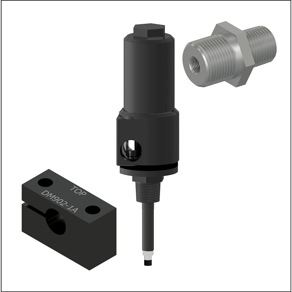 picture of a black mounting bracket, a reverse mount housing, and a metal mounting bushing