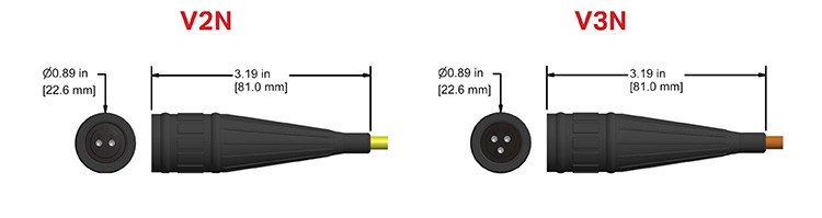 drawings show the length and diameter of black Viton industrial connectors