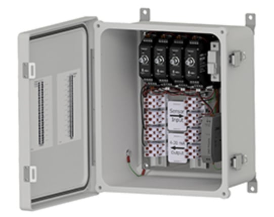 SCE1000 Series enclosure for signal conditioners, made of fiberglass, with front panel open to show mounted signal conditioners