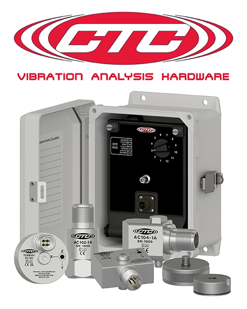 Red CTC Line logo with Vibration Analysis Hardware tagline above a collage of CTC products including a fiberglass junction box, vibration monitoring accelerometers, and mounting hardware.