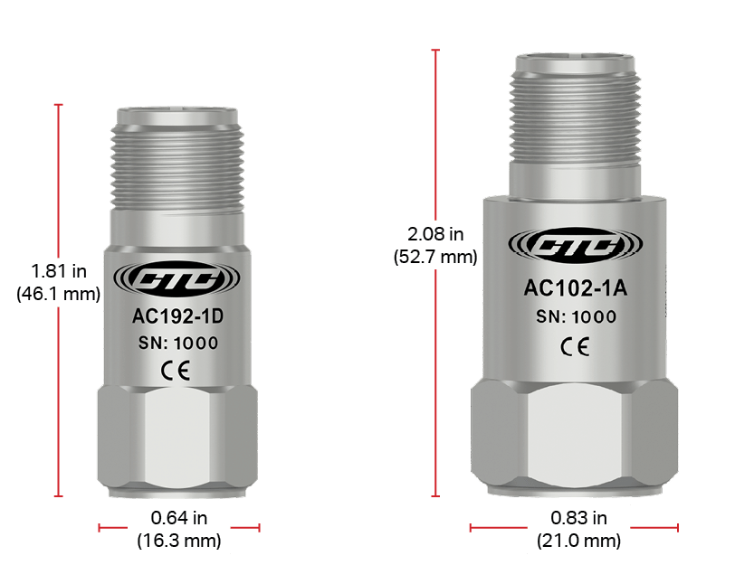A render of a compact top exit accelerometer with 1.81 in. height next to a standard top exit sensor with 2.08 in. height