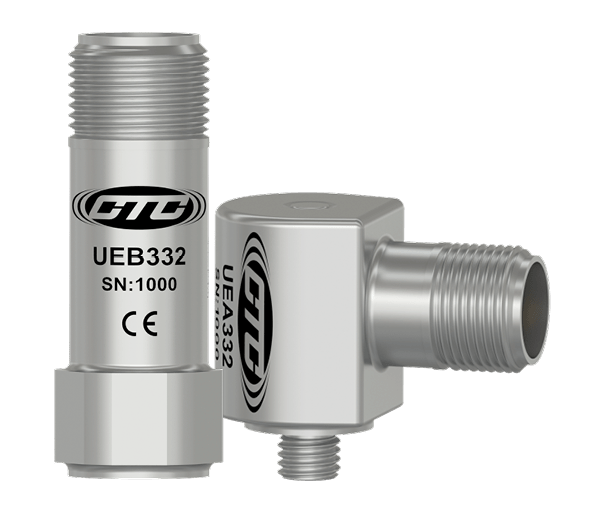A render of CTC miniature size UEB332 top exit ultrasound sensor and UEA332 side exit ultrasound sensor