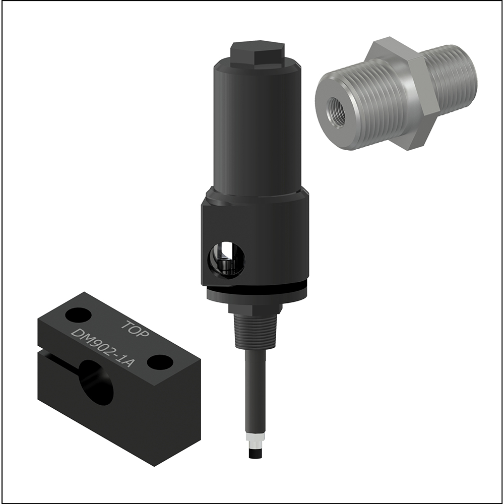 PRO line proximity probe mounting hardware including a black mounting bracket, a black metal reverse mount housing, and a stainless steel mounting bushing