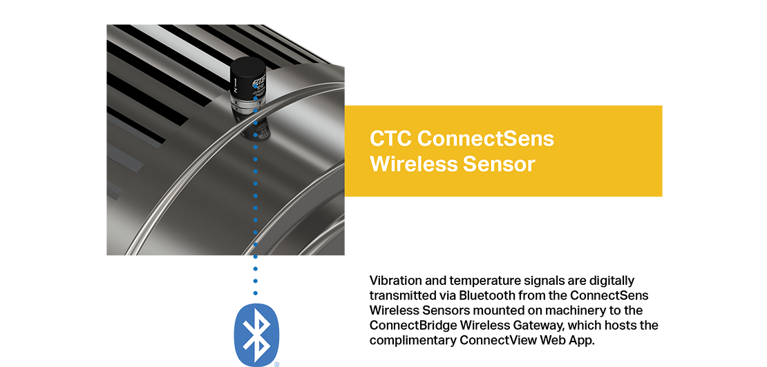 A render of a CTC ConnectSens wireless sensor mounted on a motor