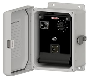 JB110 vibration switch box for condition monitoring, with fiberglass exterior, shown with door open