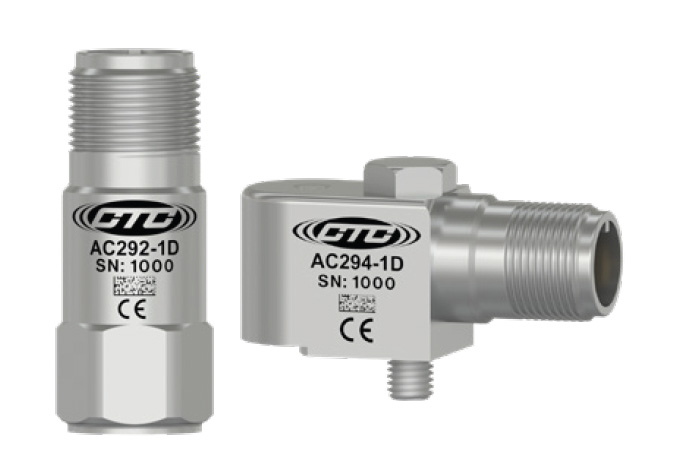 Compact Size AC292 top exit vibration monitoring sensor next to a compact size AC294 side exit vibration monitoring sensor