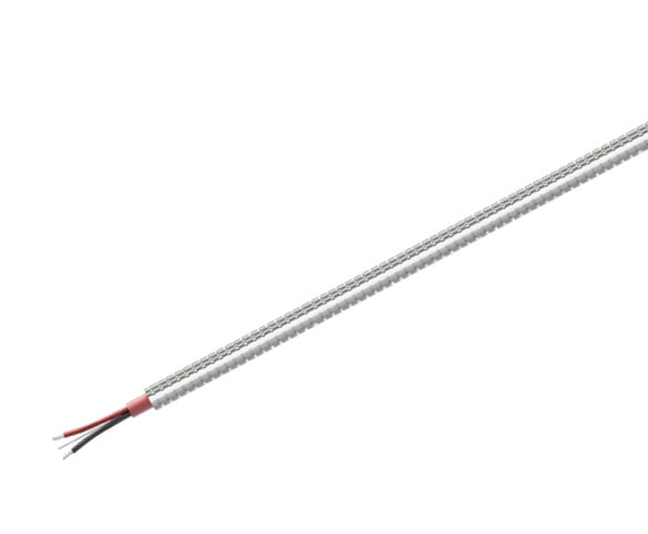 A CTC stainless steel armor jacketed cable with inner red FEP jacket and red and black conductor wires exposed on one end.