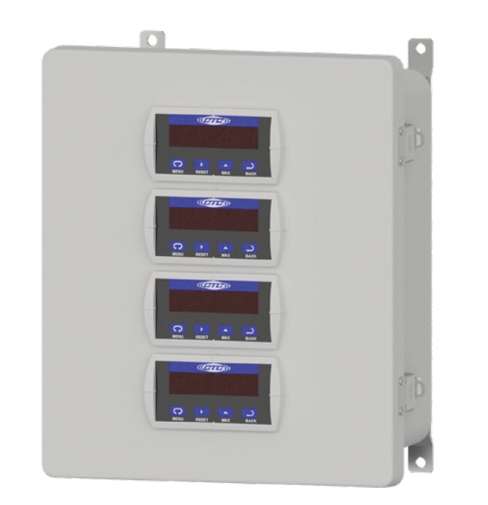 SCD100 Series fiberglass relay and display enclosure with four displays on the front panel