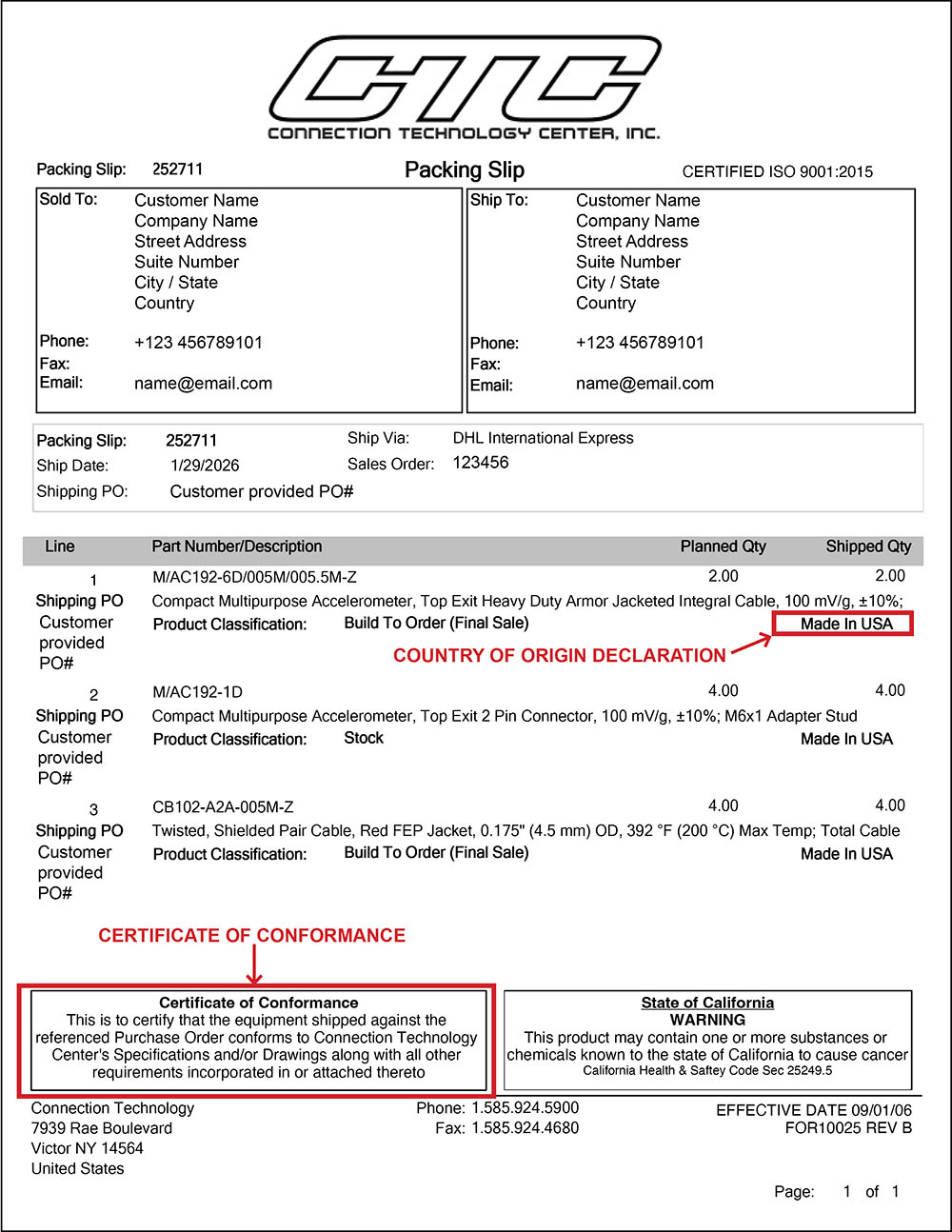 An example CTC Packing Slip