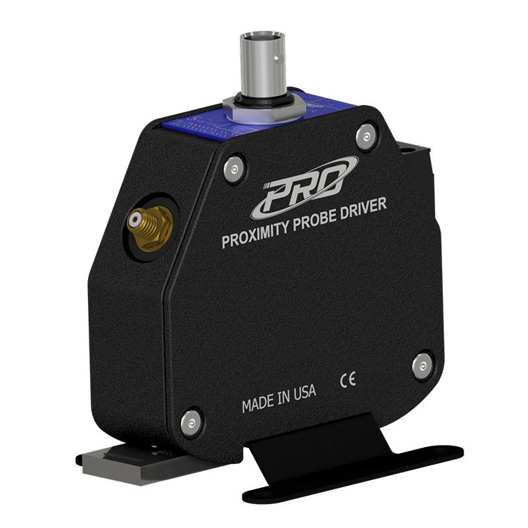 picture of DD100180 PRO line proximity probe voltage driver with black plastic case, steel mounting feet, and a blue metal faceplate
