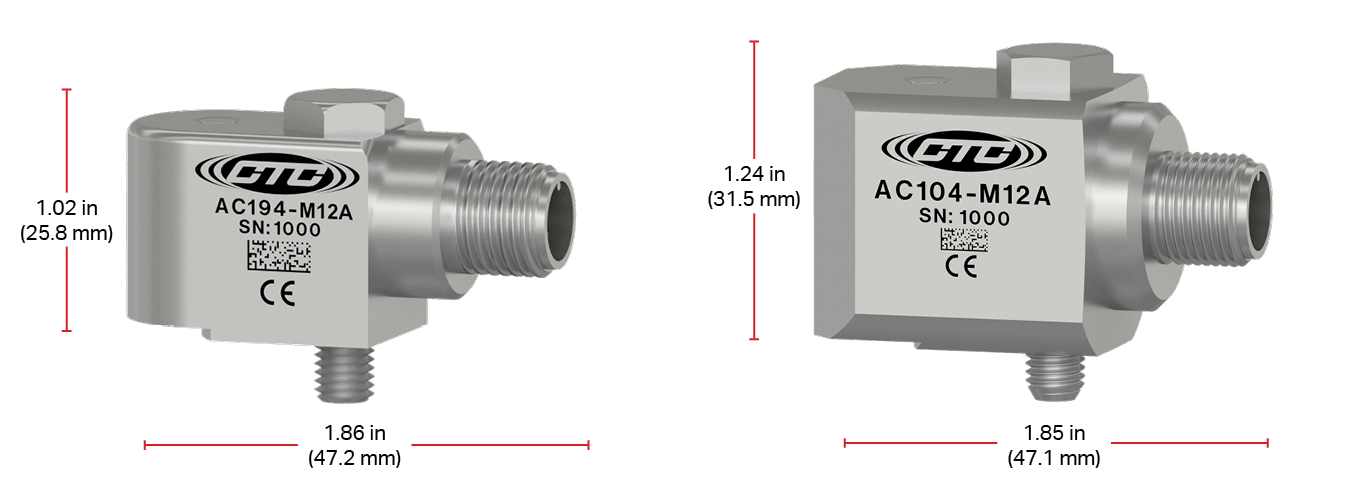 A render of a compact M12 side exit sensor with 1.02 in. height next to a standard M12 side exit accelerometer with 1.24 in. height.