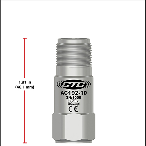 A CTC compact size top exit accelerometer next to a red measurement line showing a height of 1.81 inches (46.1 millimeters)