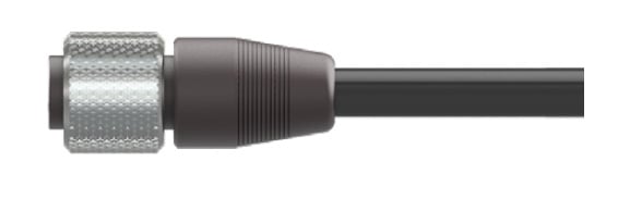 Side view of CTC's J4R Black PPS molded industrial connector with a stainless steel knurled locking ring