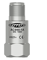 A render of a CTC AC990-1A standard size, top exit accelerometer with ANZEx and CE logos