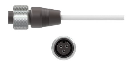 side and front view of CTC's A3R black PPS molded connector with stainless steel knurled locking ring, on a white industrial cable.