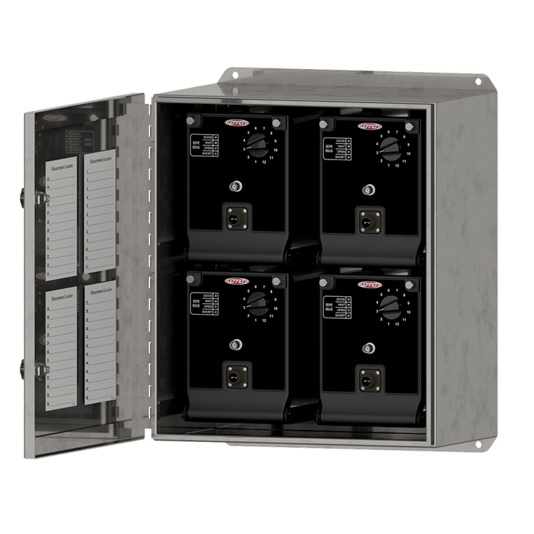 A stainless steel JB210 junction box with 48 sensor inputs, with front panel open to show four panels with BNC connectors.