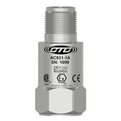 Side view of top exit AC931 standard size industrial accelerometer