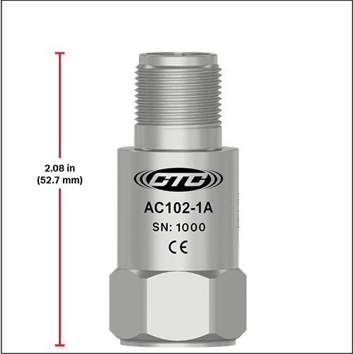 A CTC standard size top exit accelerometer next to a red measurement line showing a height of 2.08 inches (52.7 millimeters)